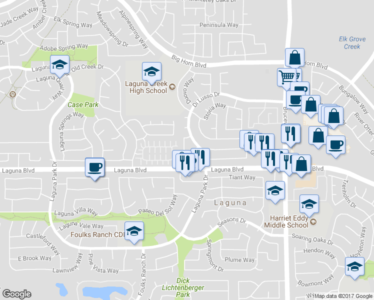 map of restaurants, bars, coffee shops, grocery stores, and more near 9177 Cerrolinda Cir in Elk Grove
