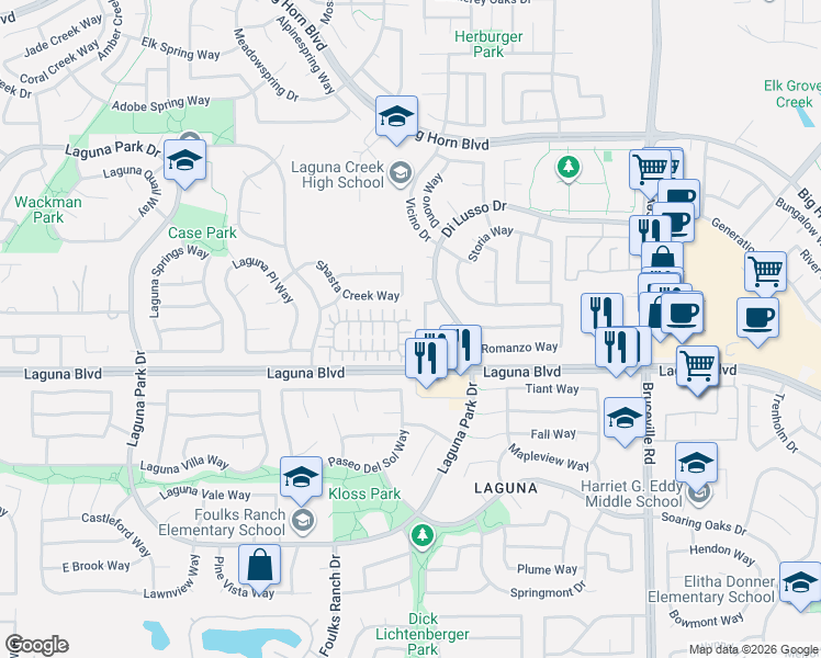 map of restaurants, bars, coffee shops, grocery stores, and more near 9209 Cerrolinda Circle in Elk Grove