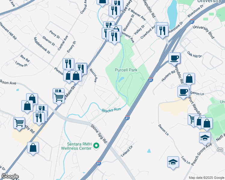 map of restaurants, bars, coffee shops, grocery stores, and more near 390 Pheasant Run Circle in Harrisonburg