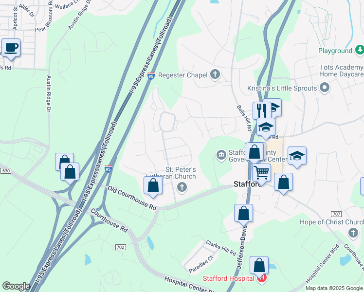 map of restaurants, bars, coffee shops, grocery stores, and more near 120 Douglas Drive in Stafford