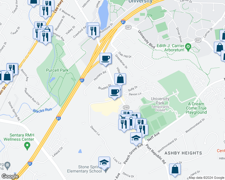 map of restaurants, bars, coffee shops, grocery stores, and more near 1334 Bradley Drive in Harrisonburg
