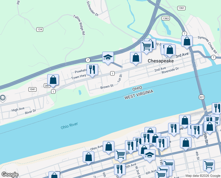 map of restaurants, bars, coffee shops, grocery stores, and more near 88 Township Road 1118 in Chesapeake