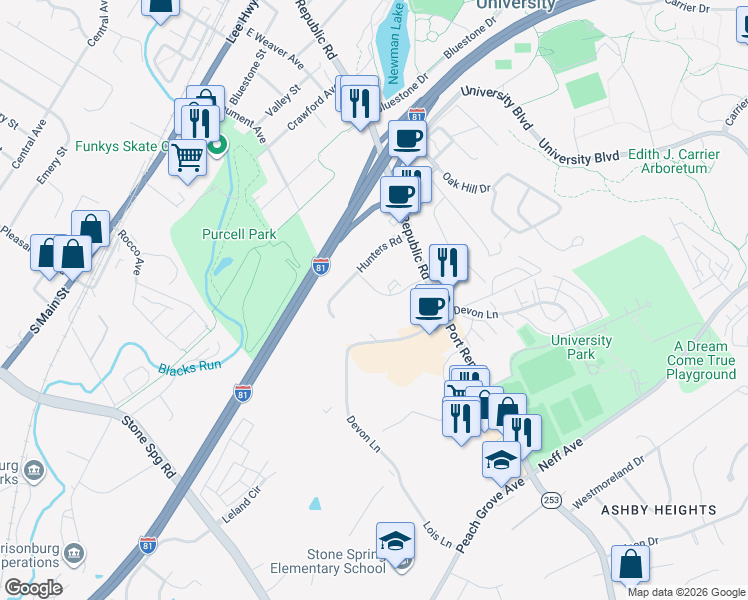 map of restaurants, bars, coffee shops, grocery stores, and more near 1456 Bradley Drive in Harrisonburg