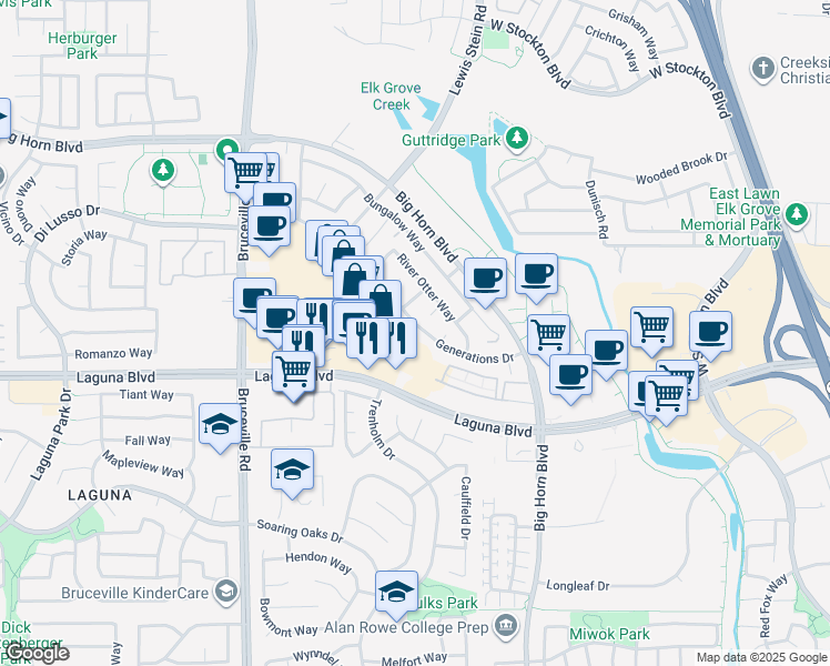 map of restaurants, bars, coffee shops, grocery stores, and more near 7803 Laguna Boulevard in Elk Grove