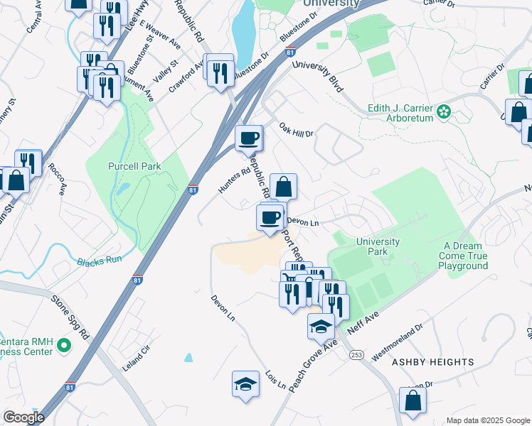 map of restaurants, bars, coffee shops, grocery stores, and more near 1301 Devon Lane in Harrisonburg