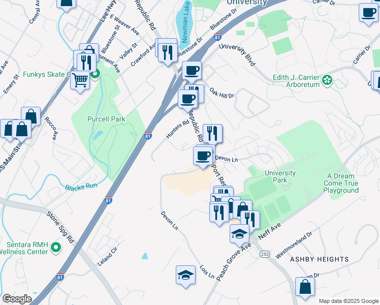 map of restaurants, bars, coffee shops, grocery stores, and more near 1316 Bradley Drive in Harrisonburg