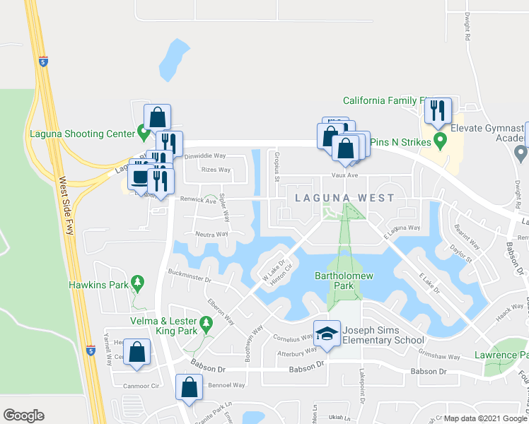 map of restaurants, bars, coffee shops, grocery stores, and more near 9144 West Laguna Way in Elk Grove