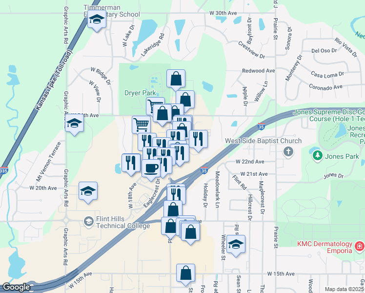 map of restaurants, bars, coffee shops, grocery stores, and more near 2200 Industrial Road in Emporia