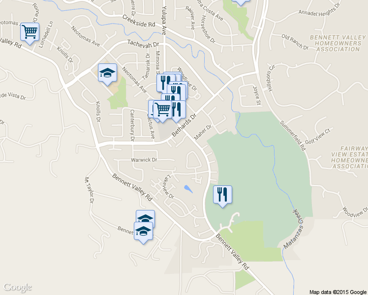 map of restaurants, bars, coffee shops, grocery stores, and more near 2327 Warwick Drive in Santa Rosa
