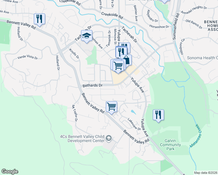 map of restaurants, bars, coffee shops, grocery stores, and more near 2237 Warwick Drive in Santa Rosa