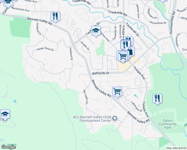 map of restaurants, bars, coffee shops, grocery stores, and more near 2163 Warwick Drive in Santa Rosa