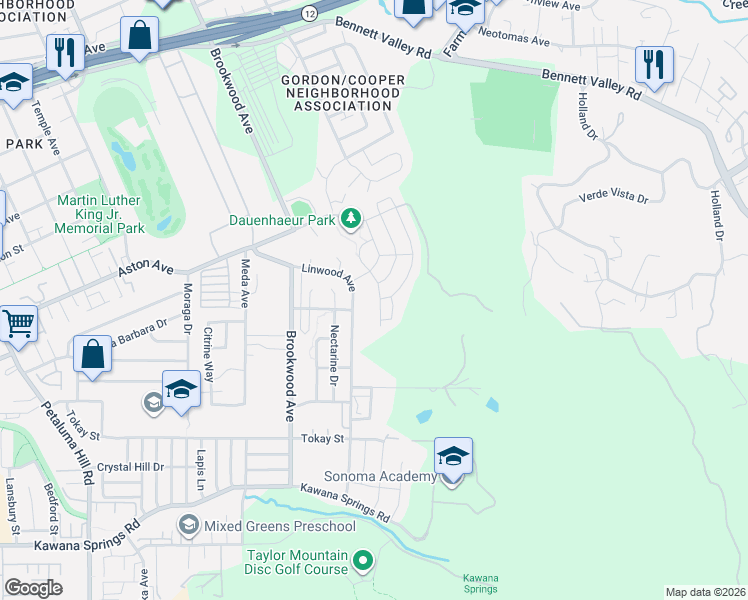 map of restaurants, bars, coffee shops, grocery stores, and more near 2380 Linwood Avenue in Santa Rosa