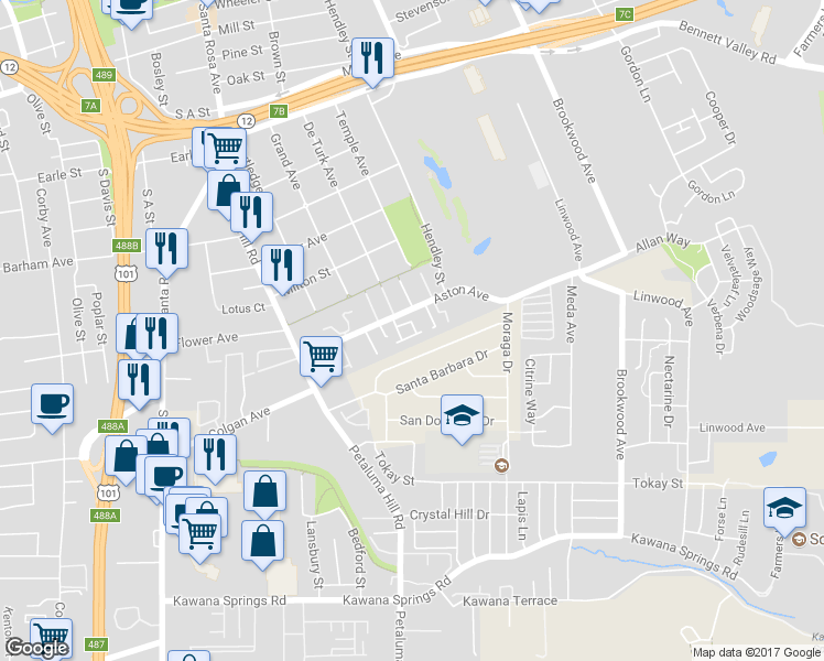 map of restaurants, bars, coffee shops, grocery stores, and more near 855 Santa Ana Drive in Santa Rosa