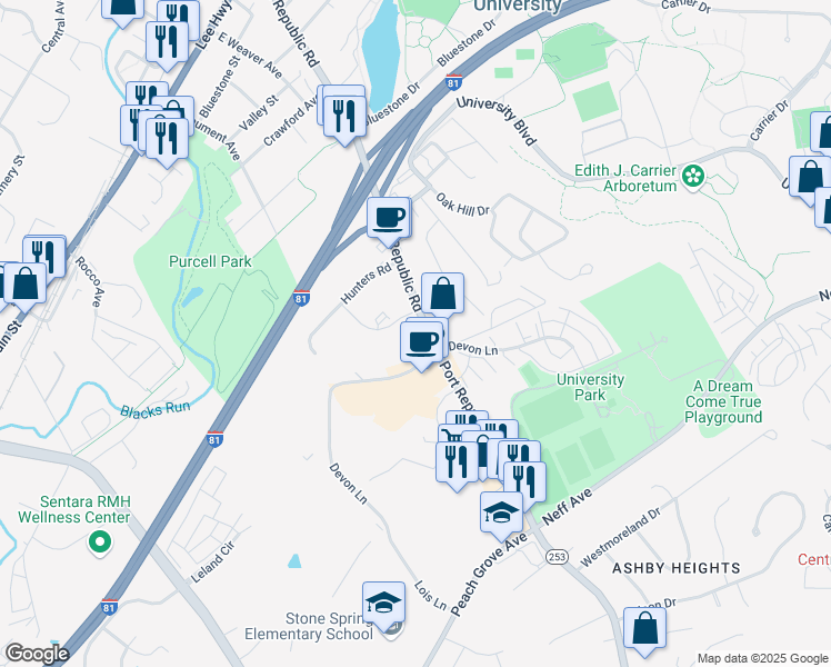 map of restaurants, bars, coffee shops, grocery stores, and more near 1301 Devon Lane in Harrisonburg