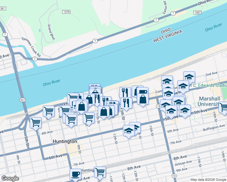 map of restaurants, bars, coffee shops, grocery stores, and more near 101 13th Street in Huntington
