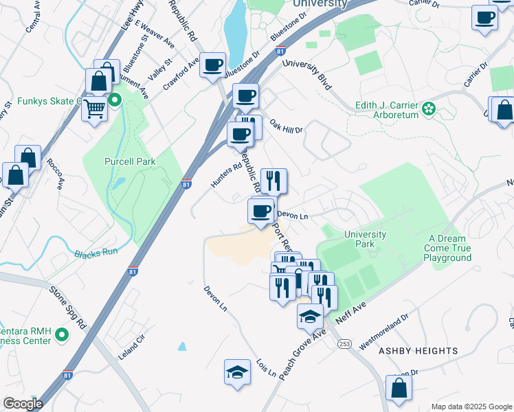 map of restaurants, bars, coffee shops, grocery stores, and more near 1332 Bradley Drive in Harrisonburg