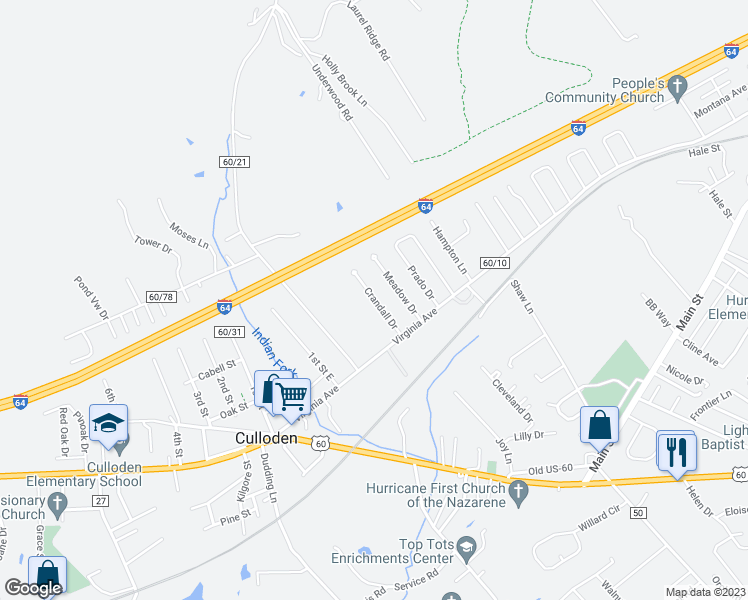 map of restaurants, bars, coffee shops, grocery stores, and more near 23 Crandall Drive in Culloden