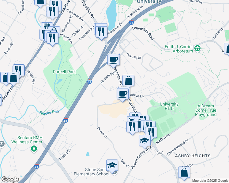 map of restaurants, bars, coffee shops, grocery stores, and more near 1314 Bradley Drive in Harrisonburg