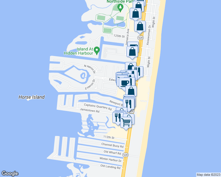 map of restaurants, bars, coffee shops, grocery stores, and more near 134 Newport Bay Drive in Ocean City