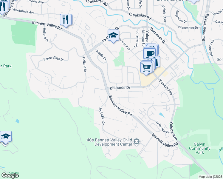 map of restaurants, bars, coffee shops, grocery stores, and more near 2163 Warwick Drive in Santa Rosa