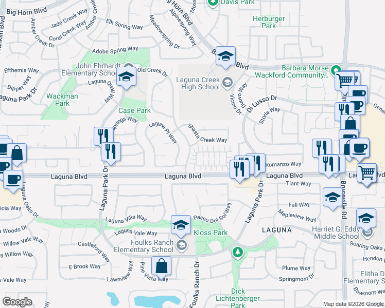 map of restaurants, bars, coffee shops, grocery stores, and more near 6484 Laguna Mirage Lane in Elk Grove