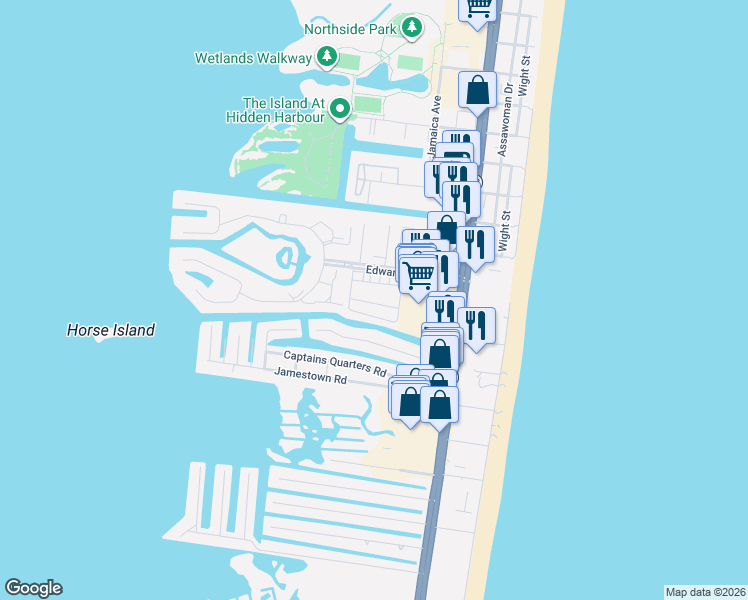 map of restaurants, bars, coffee shops, grocery stores, and more near 105 Edward Taylor Road in Ocean City