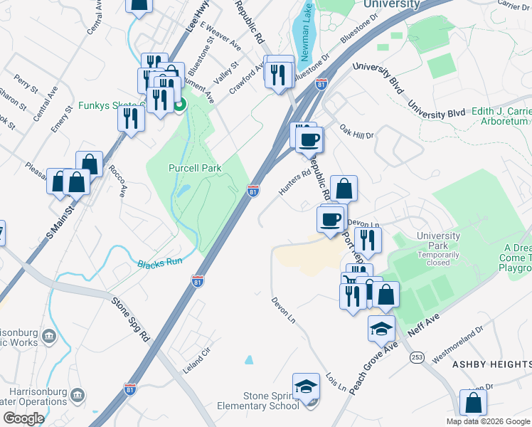 map of restaurants, bars, coffee shops, grocery stores, and more near 1360 Hunters Road in Harrisonburg