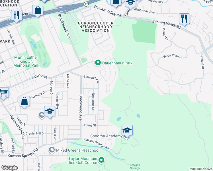 map of restaurants, bars, coffee shops, grocery stores, and more near Verbena Drive & Woodsage Way in Santa Rosa