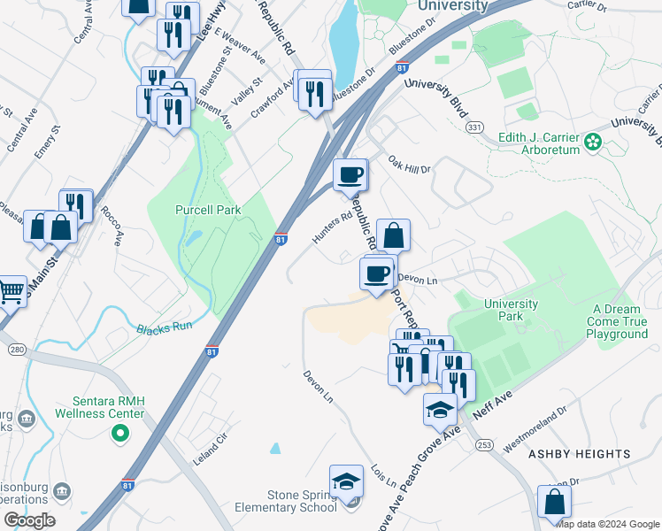 map of restaurants, bars, coffee shops, grocery stores, and more near 1450 Bradley Drive in Harrisonburg