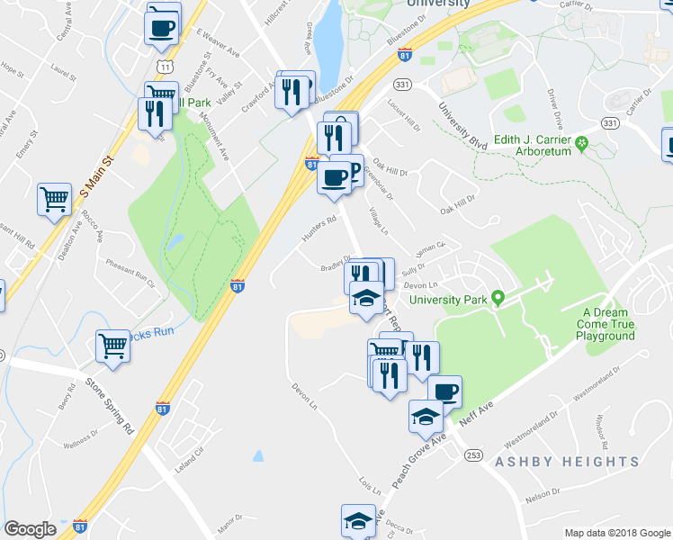 map of restaurants, bars, coffee shops, grocery stores, and more near 1312 Bradley Drive in Harrisonburg