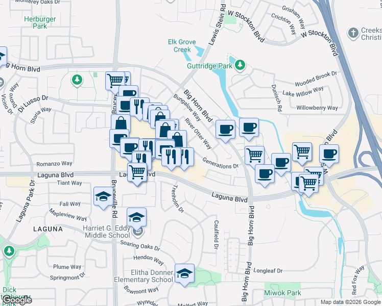 map of restaurants, bars, coffee shops, grocery stores, and more near 9102 Generations Drive in Elk Grove