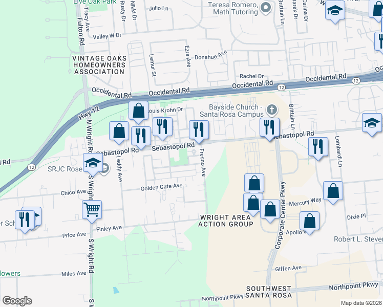 map of restaurants, bars, coffee shops, grocery stores, and more near 3806 Sebastopol Road in Santa Rosa