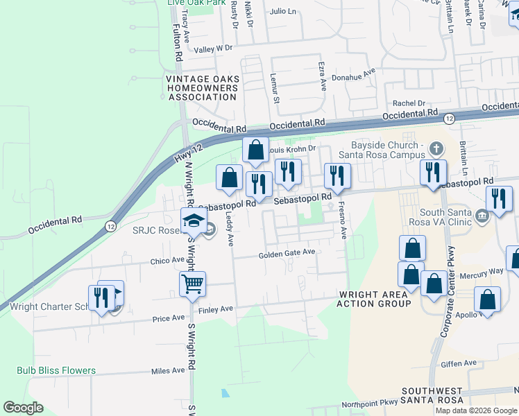 map of restaurants, bars, coffee shops, grocery stores, and more near 4077 Louis Krohn Drive in Santa Rosa