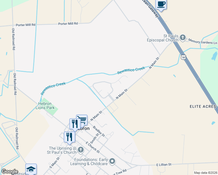 map of restaurants, bars, coffee shops, grocery stores, and more near 146 Chapel Branch Drive in Hebron