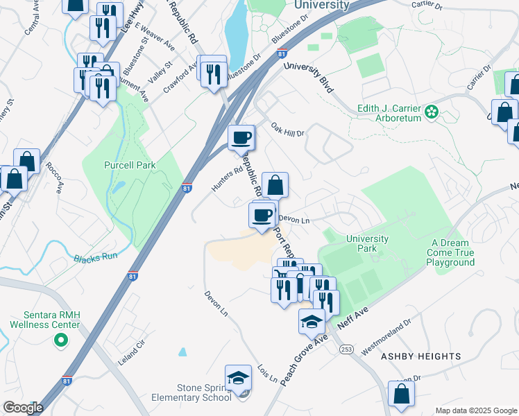 map of restaurants, bars, coffee shops, grocery stores, and more near 863 Village Lane in Harrisonburg