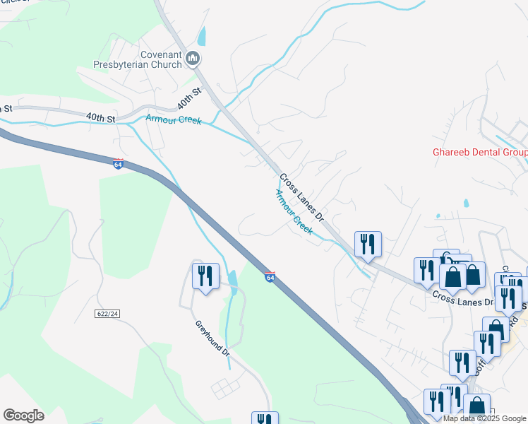 map of restaurants, bars, coffee shops, grocery stores, and more near 616 Cross Lanes Drive in Nitro