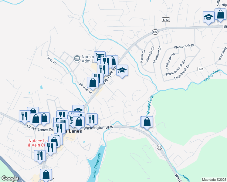 map of restaurants, bars, coffee shops, grocery stores, and more near 5453 Briar Meadow Road in Cross Lanes