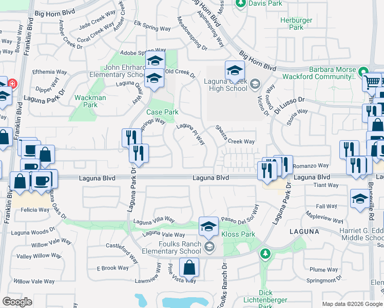 map of restaurants, bars, coffee shops, grocery stores, and more near 6113 Laguna Cedar Court in Elk Grove