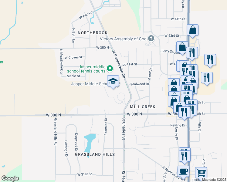map of restaurants, bars, coffee shops, grocery stores, and more near 3600 North Portersville Road in Jasper