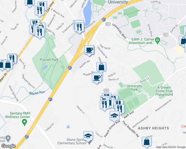 map of restaurants, bars, coffee shops, grocery stores, and more near 1306 Bradley Drive in Harrisonburg