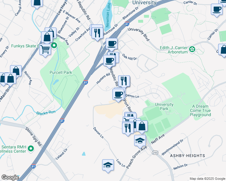 map of restaurants, bars, coffee shops, grocery stores, and more near 1304 Bradley Drive in Harrisonburg