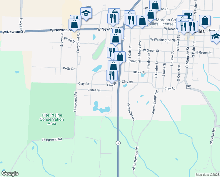 map of restaurants, bars, coffee shops, grocery stores, and more near 605 South 2nd Street in Versailles