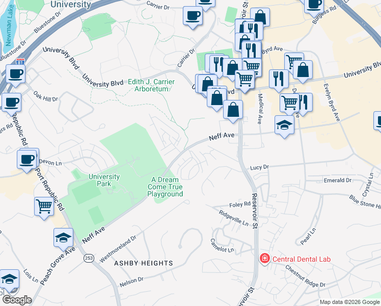 map of restaurants, bars, coffee shops, grocery stores, and more near 1929 Sunchase Drive in Harrisonburg