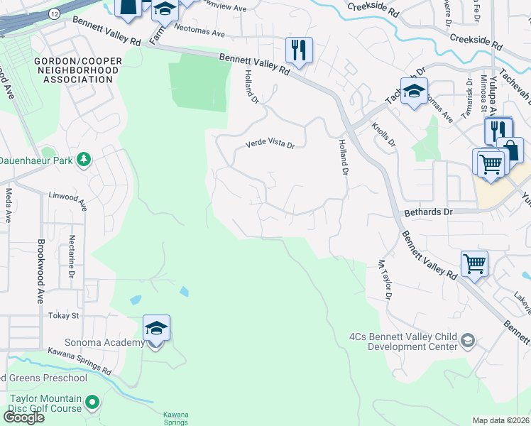 map of restaurants, bars, coffee shops, grocery stores, and more near 3735 Holland Drive in Santa Rosa