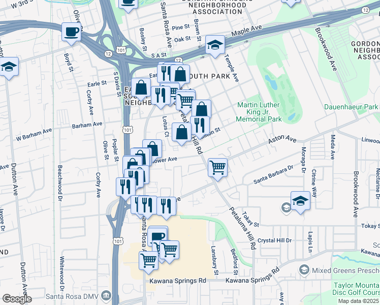 map of restaurants, bars, coffee shops, grocery stores, and more near 1310 Petaluma Hill Road in Santa Rosa