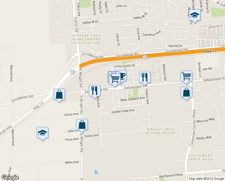 map of restaurants, bars, coffee shops, grocery stores, and more near 4077 Louis Krohn Drive in Santa Rosa