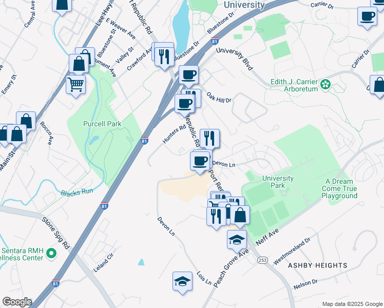 map of restaurants, bars, coffee shops, grocery stores, and more near 1339 Bradley Drive in Harrisonburg