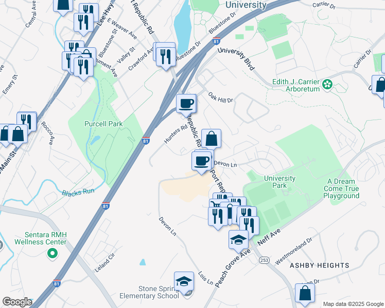 map of restaurants, bars, coffee shops, grocery stores, and more near 1339 Bradley Drive in Harrisonburg