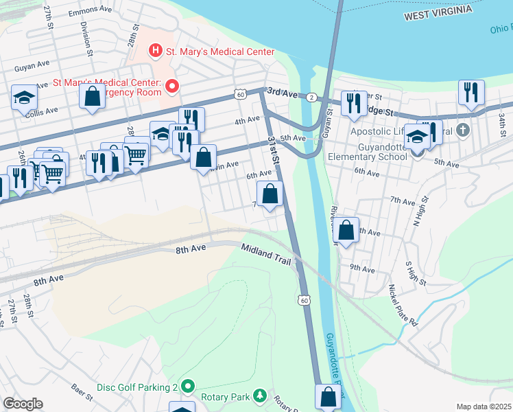 map of restaurants, bars, coffee shops, grocery stores, and more near 621-623 30th Street in Huntington