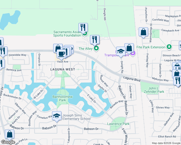 map of restaurants, bars, coffee shops, grocery stores, and more near 9157 East Laguna Way in Elk Grove